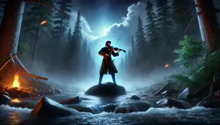 Lars toca su violín con pasión durante la última prueba de Neck, a la orilla de un río iluminado por la luna.