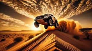 Camión de rally saltando por encima de un crestón polvoriento mientras el sol se pone