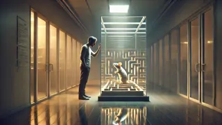 Charlie tocando suavemente el cristal del laberinto de Algernon, con lágrimas en los ojos.