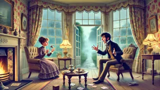 Adolescente travieso contando una historia a un invitado nervioso junto a una ventana abierta.