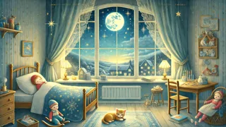 Vista desde la cama de juguetes, libros y un globo en una habitación infantil iluminada suavemente por la luz de la luna al momento de dormir.