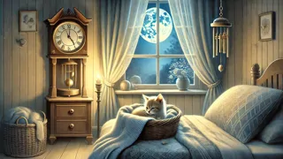 Un dormitorio infantil brilla bajo la luz de la luna, mientras un reloj, un gatito y unos cascabeles susurran suavemente en la tranquilidad.