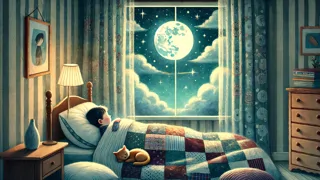 Una luna redonda y resplandeciente visible a través de la ventana del dormitorio, mientras un niño se acurruca bajo una colcha de retazos.