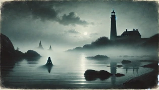 Representación etérea de la Dama fusionándose con la niebla del río cerca del Faro de Albany al amanecer.