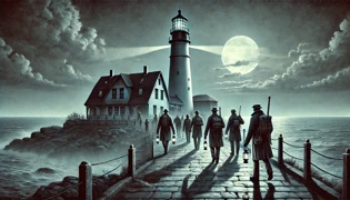 Simulación fotográfica contemporánea de investigadores explorando los terrenos del Faro de Albany durante la noche