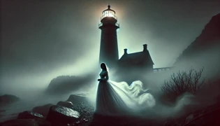 Imagen en estilo de grabado antiguo del primer avistamiento de la Dama del Faro en el siglo XIX cerca del Faro de Albany.