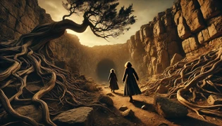 Dos hermanas descubriendo la entrada a un barranco rocoso donde emerge una hiena gigante.
