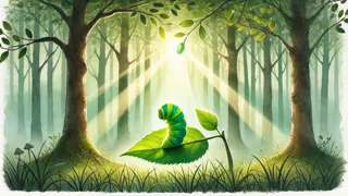 Una pequeña oruga emergiendo de su huevo sobre una hoja verde fresca bajo la suave luz de la mañana