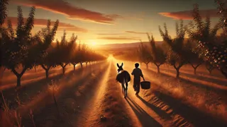 Un niño y su burro caminando por un sendero polvoriento al amanecer, atravesando campos abiertos.