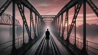 Un puente solitario al amanecer, teñido por el resplandor de un sol naciente.