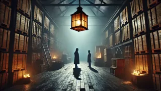 Holmes enfrentándose a una figura misteriosa en un almacén tenuemente iluminado.