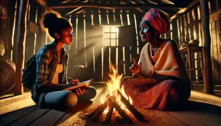 Mariella y su abuela Amara se sientan junto a una chimenea en una acogedora casa de madera en Dominica.