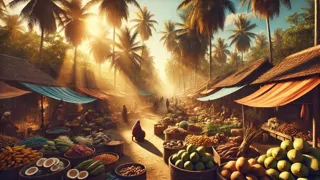 Palmeras de coco que rodean los campos del pueblo mientras los comerciantes intercambian frutas en un bullicioso mercado del sudeste asiático.