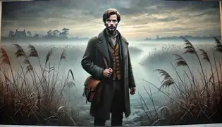 Jasper van Rijn se encuentra al borde del páramo de Hoogeveen al anochecer, sosteniendo un bolso, rodeado de niebla y luces brillantes en la distancia.