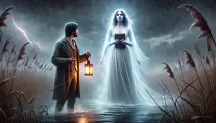 Jasper van Rijn se enfrenta al resplandeciente fantasma de Marit en el tormentoso Hooogeveen Moor, sosteniendo un diario bajo cielos oscuros.
