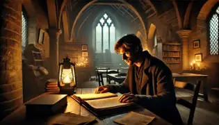 Jasper van Rijn en una iglesia tenuemente iluminada por la noche, leyendo un diario desgastado que brilla bajo la suave luz de una linterna.