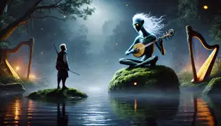 Lars se encuentra con el Neck tocando un violín de hueso sobre una roca cubierta de musgo en un río iluminado por la luna.