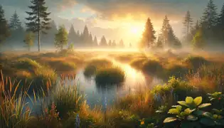El Moeras de Hoogeveen al amanecer, con la luz dorada del sol rompiendo a través de la niebla, flores silvestres en plena floración y una calma serena.