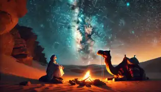 Layla y el camello se sientan junto a una pequeña fogata bajo un vasto cielo lleno de estrellas.