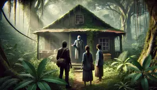 Mariella, Alaric y Serena escuchan a Ezequiel en su cabaña rústica cerca del límite del bosque.