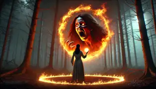 Mariella se enfrenta a la ardiente Soucouyant en un resplandeciente círculo de sal, en un claro oscuro del bosque.