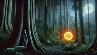 Mariella se esconde detrás de un árbol mientras un orbe resplandeciente flota de manera inquietante en el bosque del Valle de Roseau.