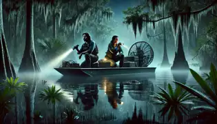 Teresa und Dr. Ramirez erkunden im Boot die dunklen Everglades, während ihre Taschenlampen die gespenstische Schönheit des Sumpfes enthüllen.