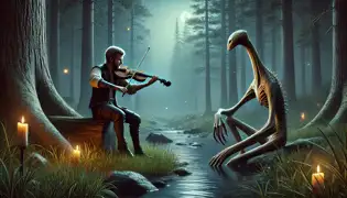 Lars practica a la orilla del río mientras el Neck toca un violín de hueso cerca, bajo la suave luz de la luna.