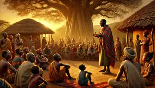 Mwamba habla bajo un árbol baobab al atardecer, rodeado de aldeanos atentos.