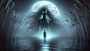 El Espíritu del Lago Chitalu, resplandeciente y majestuoso, emerge de la niebla mientras Mwansa se arrodilla con asombro junto a la orilla del agua.