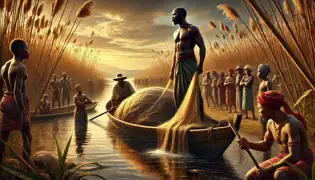 El pescador Bwalya descarga una enorme red junto a los Humedales de Bangweulu, mientras los aldeanos, inquietos, observan desde la distancia.