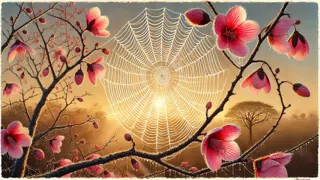 Close-up of shimmering spider web against pink ceibo blossoms at dawn