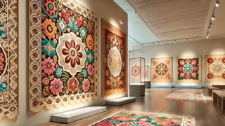 Colorful modern Ñandutí lace patterns on display in a gallery