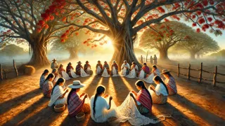 Paraguayan women gathered under a ceibo tree crocheting Ñandutí lace