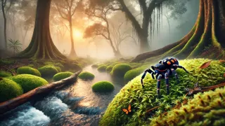 Anansi de pie junto a un manantial burbujeante, mientras contempla el mundo con una sonrisa astuta.