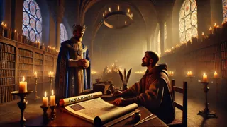 Mensajero real entregando un citatorio al escriba Otto en la biblioteca de una abadía medieval.