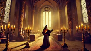 El escriba Otto leyendo las Gesta Romanorum al rey Konrad en la corte de Maguncia iluminada por velas.