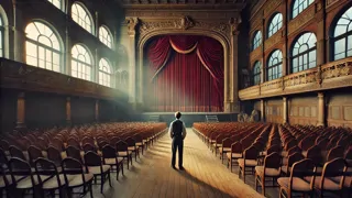 Paul observa ansiosamente las cortinas del escenario en un teatro vacío.