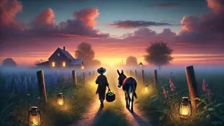 Jacob sosteniendo una manzana luminosa mientras camina a casa con su burro al atardecer.