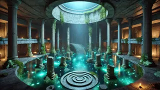 Plaza de la ciudad hundida en ruinas, iluminada por agua bioluminiscente y la luz de la luna.