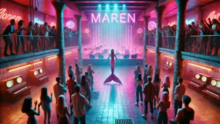 Multitud electrizada vitorea la actuación de Maren, iluminada por neones.