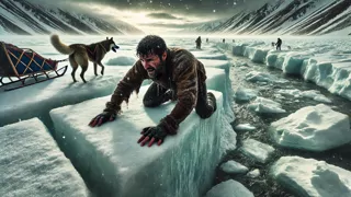 Viajero inspeccionando una peligrosa crevasse en una imponente formación de hielo bajo un cielo iluminado por la luna