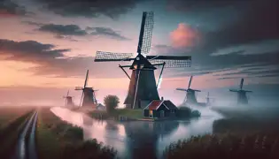 Una vista de la mañana brumosa en Kinderdijk, donde los molinos de viento se alzan majestuosos, con sus aspas girando y reflejados en las tranquilas aguas del canal.
