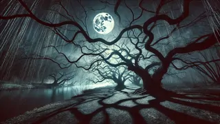 Una luna espectral filtra su luz a través de las ramas de los sauces, proyectando sombras alargadas que cruzan la orilla del río.