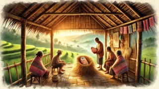 O nascimento de Aliguyon na aldeia de Nagacadan, com a presença dos anciãos e dos pais.