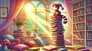 Un gato curioso con un gorro a rayas, sobre una alta pila de libros de cuentos, listo para comenzar una aventura.