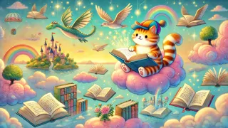 Un gato con una gorra a rayas leyendo un libro que emite un resplandor, mientras flota sobre suaves nubes.
