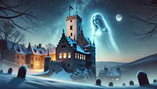La figura espectral de la Dama Blanca mira desde una torre del Castillo de Houska en una fría noche de invierno, cubierta de nieve.