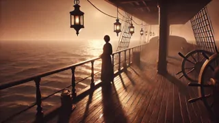 Una cubierta de barco al amanecer, con una mujer mirando hacia el mar abierto.