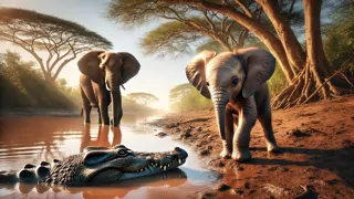 Elephant calf’s trunk held by a crocodile in river